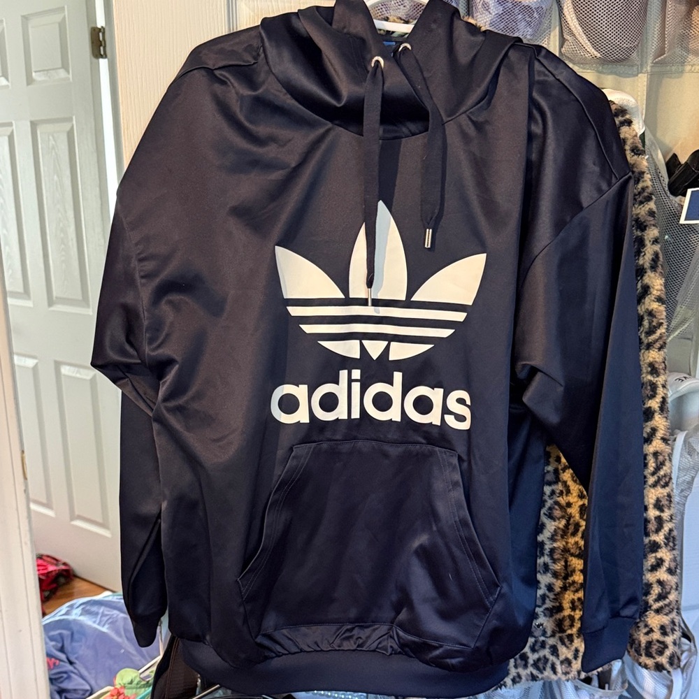 Adidas navy blue satin Hoodie with White Logo